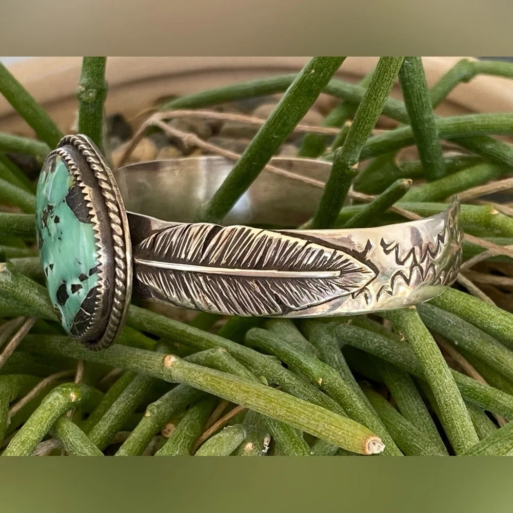 Prince Variscite Sterling Feather Cuff - Picture 2 of 5